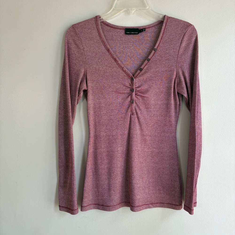 Limited Henley Y2K Top Women Medium Maroon Long Sleeve Ribbed Stretch Layering‎